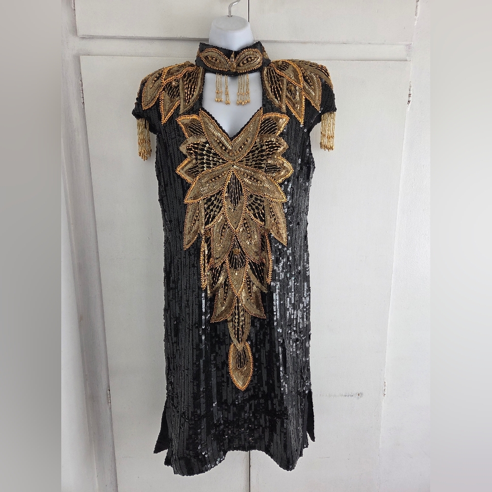 Glamorous Black and Gold Beaded Vanna White Dress